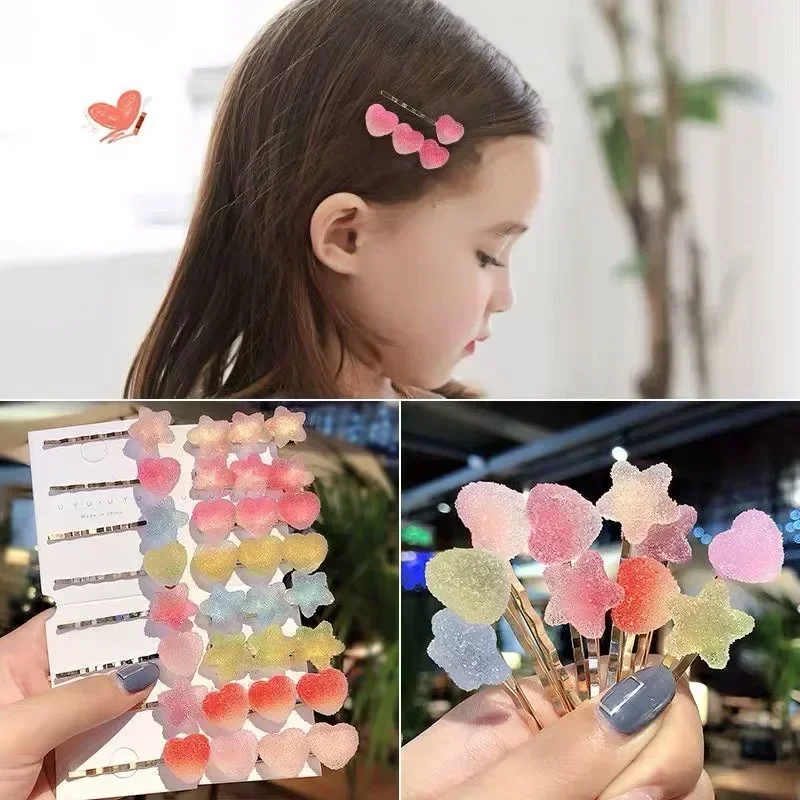 2pcs/set Rainbow Gradient Heart Star Hair Clip Heart-shaped Star Cute Girls Jelly Gummy Headwear Hairpins Hair Accessories