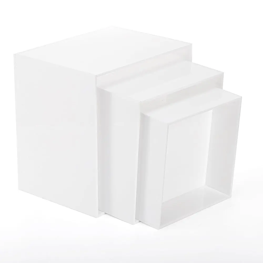 Set Of 3 Acrylic Cube Riser Hollow Bottom, Glossy White Buffet Riser Food Display Stand, 5 Sides Cupcake Stand Nesting Display