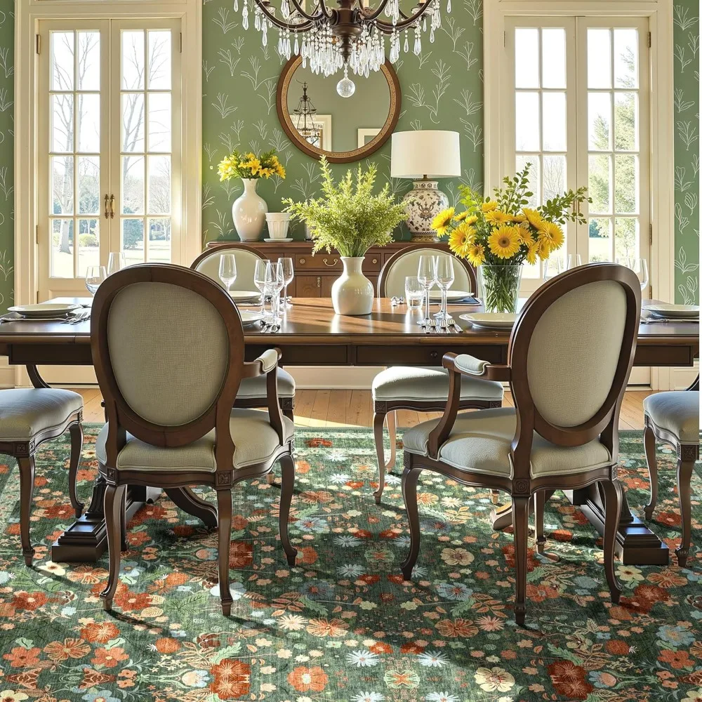 Herten Groene Wasbare Bloementapijten 8x10 Grote Vintage Boho Antislip Woonkamertapijt Zacht Laag Stapel Dunne Slaapkamer Vloermat Indoo