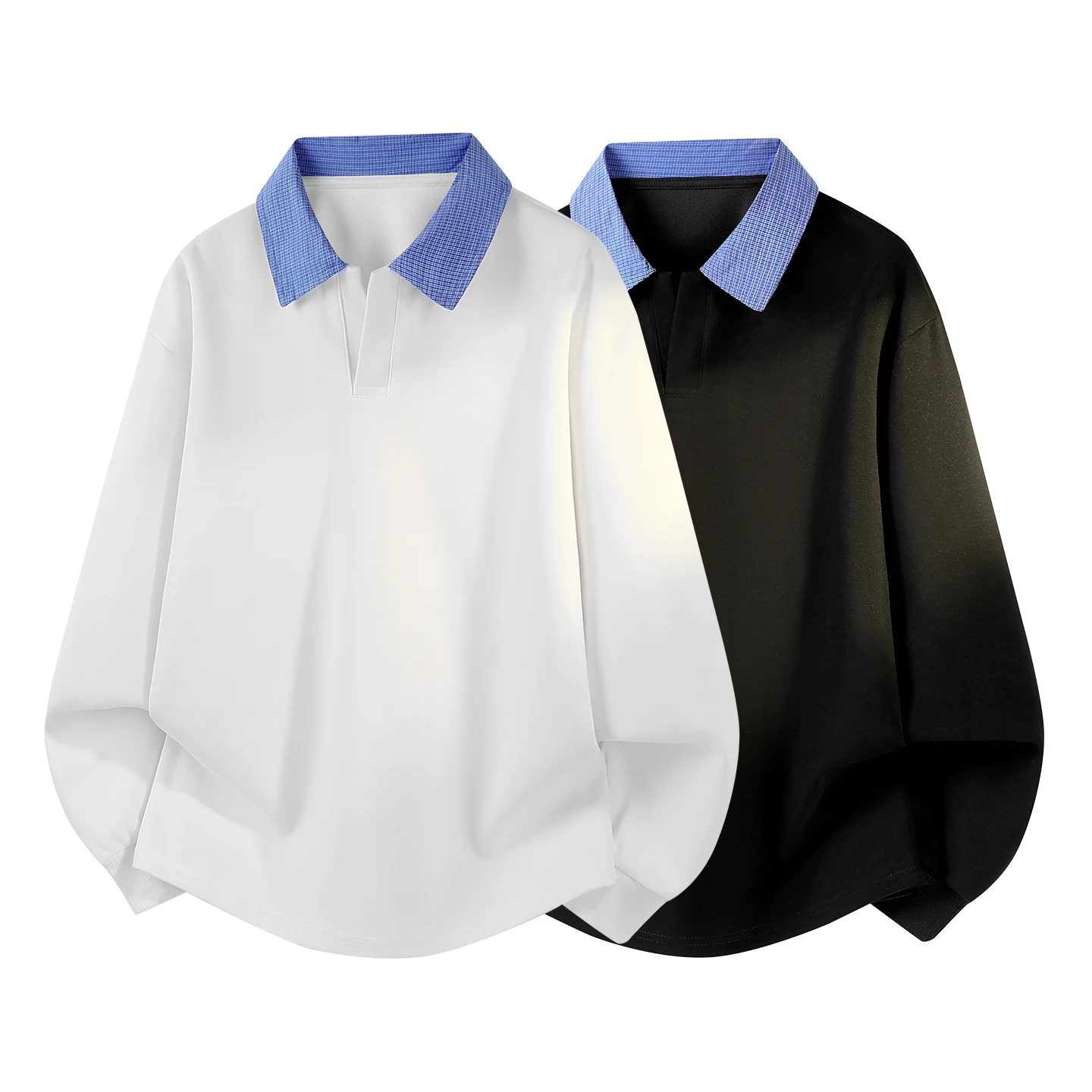 Contrast Plaid Spliced Collar Men Polo Shirt Long Sleeve Loose Casual Curved Hem Street Top