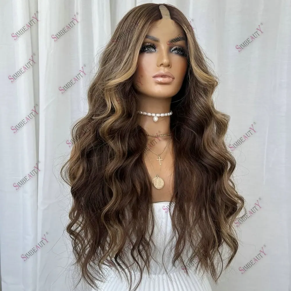 Light Honey Brown Hightlight Indian Human Hair U Part Wigs Adjustable Loose Wave Glueless1*4Size V Part Wig Human Hair for Women