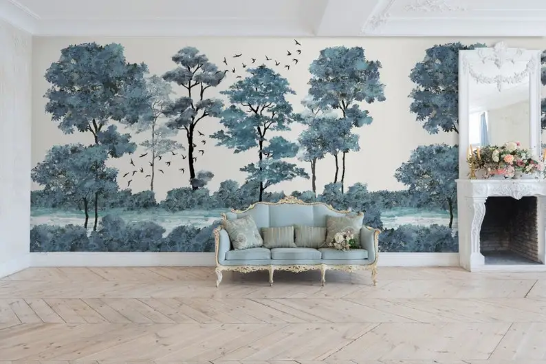 Watercolor Forest Wallpaper | Hand Paint Big Trees Wall Mural | Peel and Stick Watercolors Tree Wallpapers