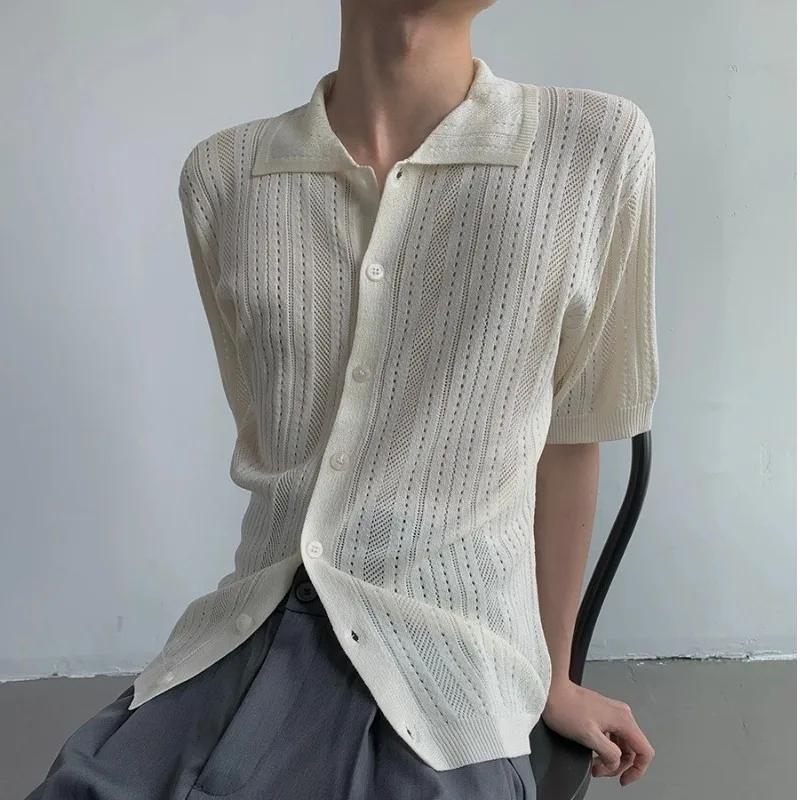 

Мужская летняя трикотажная рубашка большого размера с коротким рукавом, ажурная, с текстурной поверхностью, дышащая, повседневная, из полиэфирного волокна