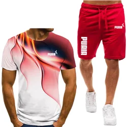 Men's T-shirt and shorts set, running fashion printed short sleeved sports T-shirt, summer 2024