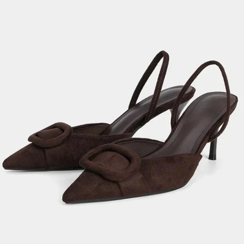 

Designer Shoes Coffee Faux Suede Heeled Pumps Women Fashion Pointy Toe Slingbacks High Heels Elegant Office Shoes Mules Sandals