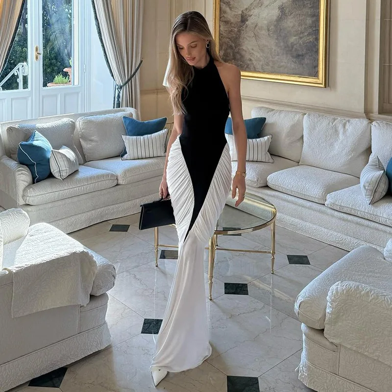 Zwart Wit Zeemeermin Galajurk Sexy Hoge Hals Mouwloos Ruglooze Ruches Formele Bruiloft Optocht Gewaden Lange Feestavondjurk