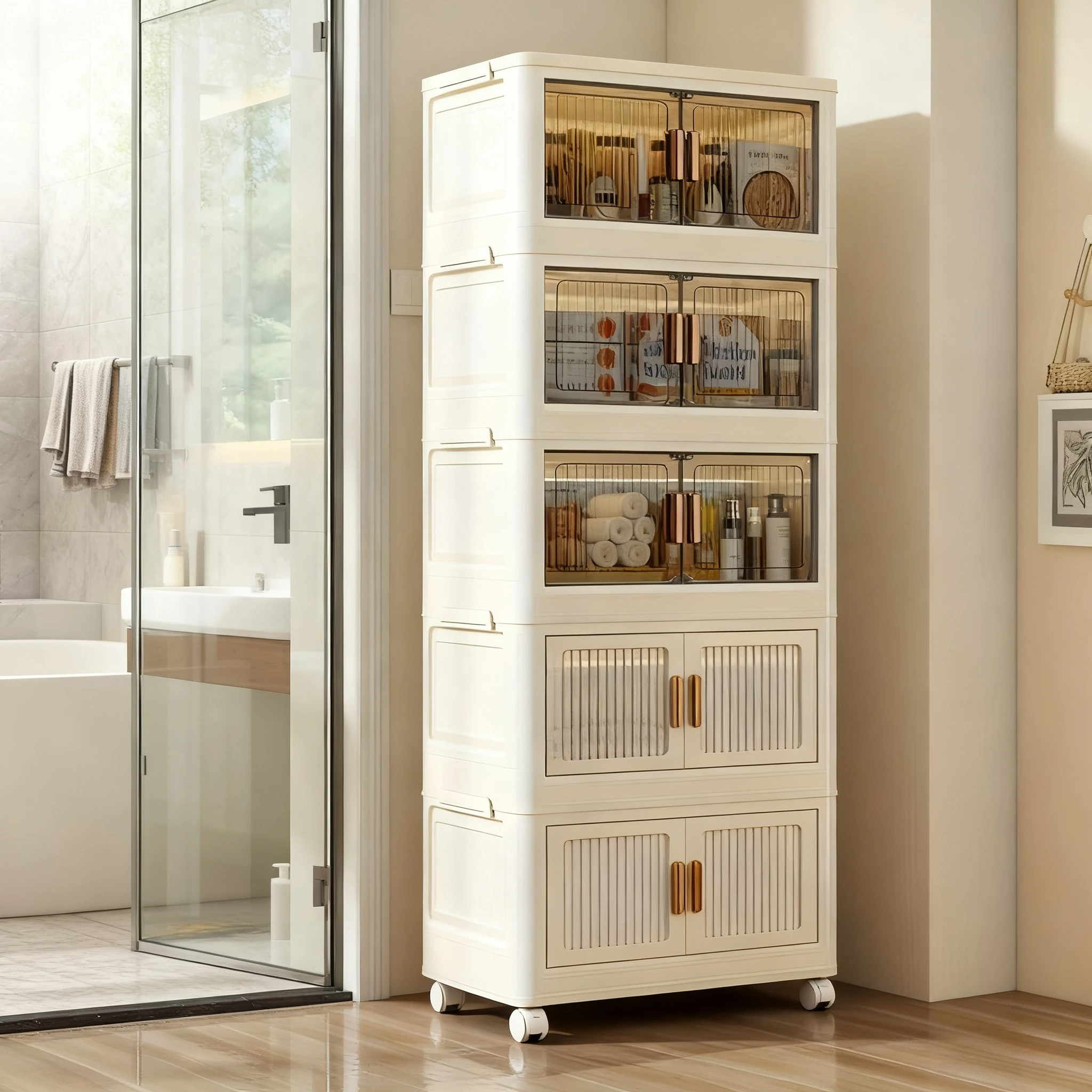 

Large 5-layer Foldable Storage Organizer with Wheels – No Assembly, Ready-to-Use, Magnetic Doors, Multi-Scene, Holds Clothes