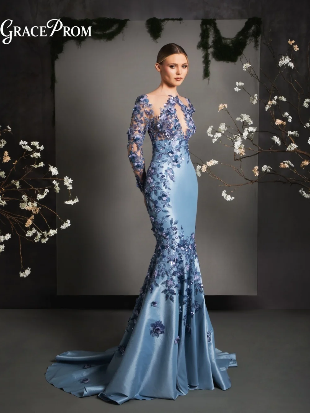 

Luxurious Blue Satin Evening Gown 2026 Luxurious Floral Beaded Sheer Sleeve Mermaid Party Dress For Wedding Guests فساتين سهرة