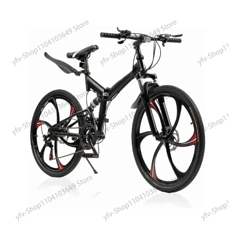 Folding Mountain Bike, 21 Speeds, Full Suspension, High-Carbon Steel, Dual Disc Brakes, Anti-Slip Brakes, 26 in