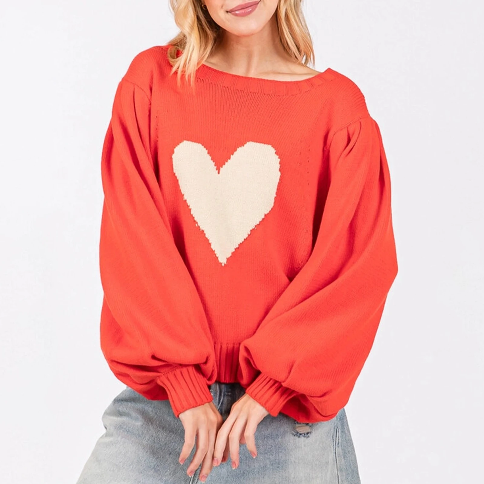 Women's Valentine's Day Knit Sweater Long Sleeve Round Neck Heart Print Pullover Tops Knitwear