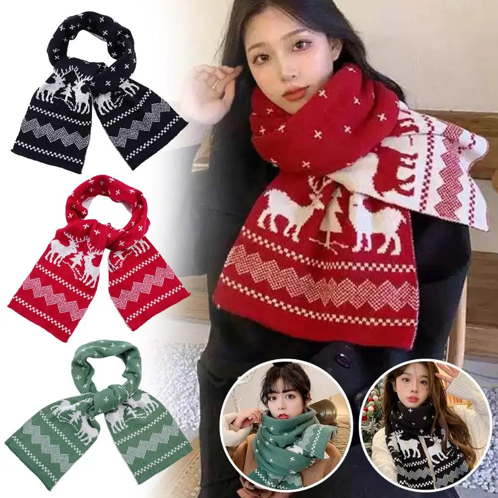 NEW Christmas Women Men Scarf Double-Sided Deer Elk Teenager Girls Boys Knitted Shawl Adult Winter Scarves Family New Year Gift