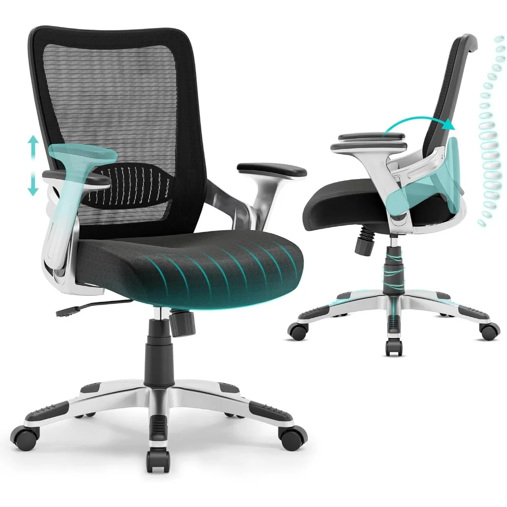 Chaise de Bureau Ergonomique en Maille avec Bras Rabattables Réglables, Support Lombaire, Fonction d'Inclinaison, Roue de Comcussion