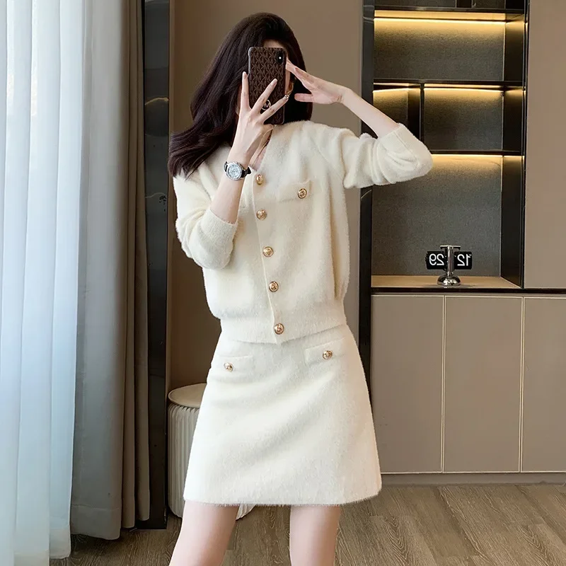 French Style Women's Knitted Sets Solid Color V-Neck Cardigan Sweater + Mini Skirt Suits Female Casual Autumn Clothing