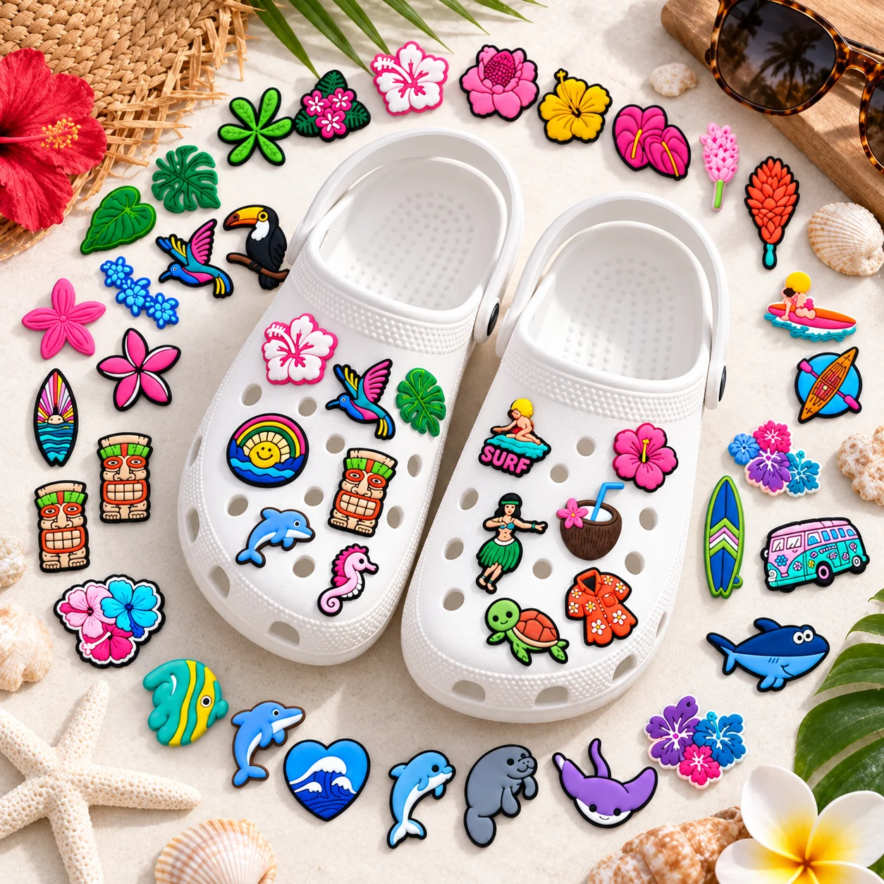 50pcs Hawaii Surf Shoe Charms Set Hibiscus Dolphin PVC Pins for Clogs Tropical Fashion Summer Accessories Gift for Girls Teens