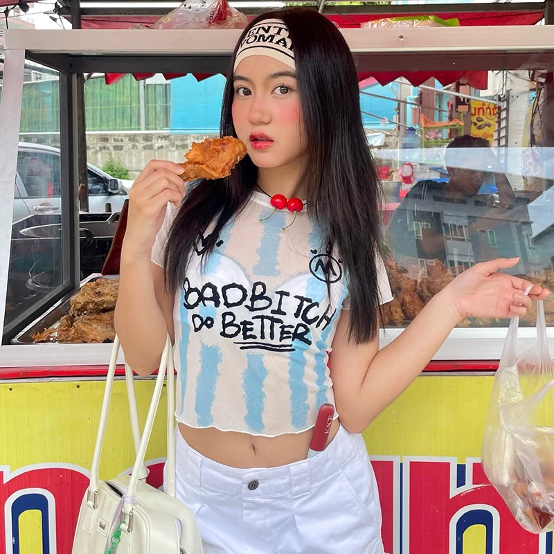 CUTENOVA Summer Sports Style Striped Letter Print T-Shirt Mesh See-Through Waistless Crop Top Cute Skinny Baby Tees For Hottie G