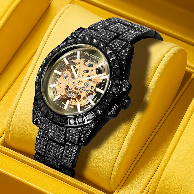 

Мужские роскошные автоматические механические часы премиум-класса в желто-черном стиле с дизайном «звездное небо».