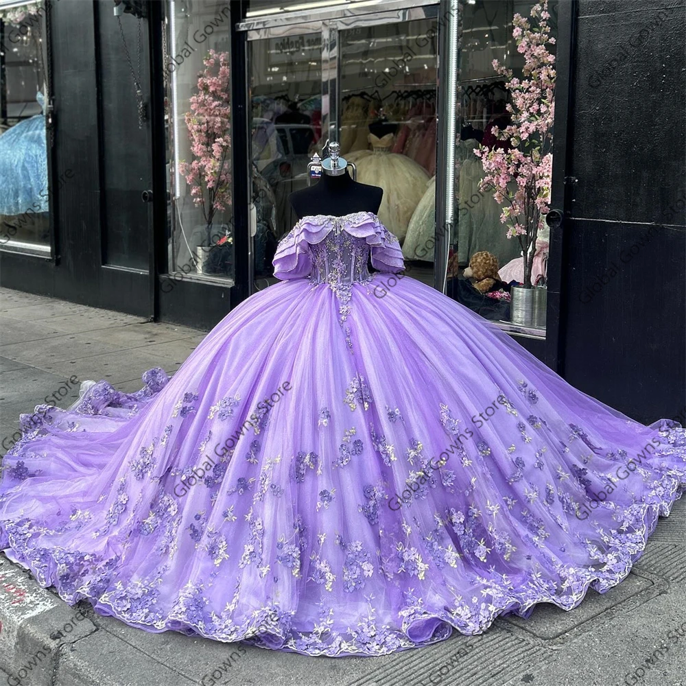 Vestido De baile De quinceañera con cuentas para niña, traje púrpura con escote Corazón, apliques, volantes, graduación, 15