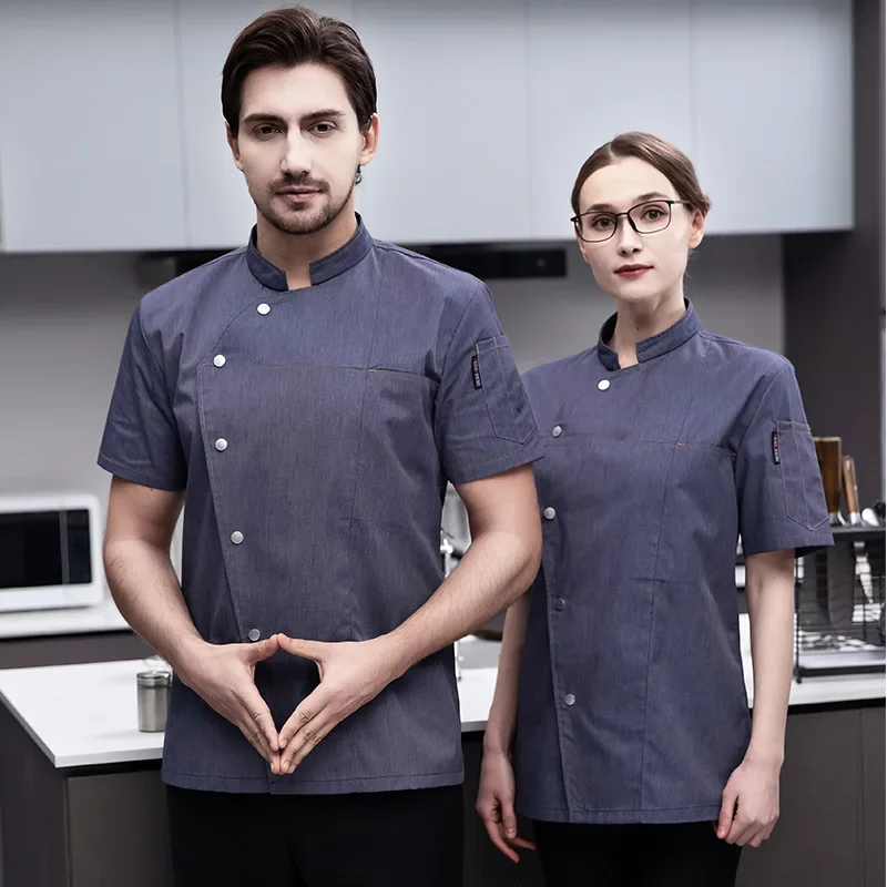 Summer Men Black Chef Coat Women Short Sleeve Apron Chef Jacket Head Chef Uniform Restaurant Hotel Kitchen Cooking Clothes logo