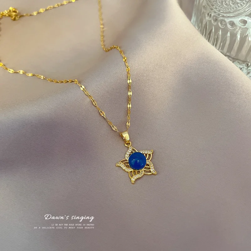 الفولاذ المقاوم للصدأ استشعار درجة الحرارة اللون تغيير الأزرق الأخضر كريستال قلادة زهرة المزاج حجر سلسلة قلادة للنساء #6