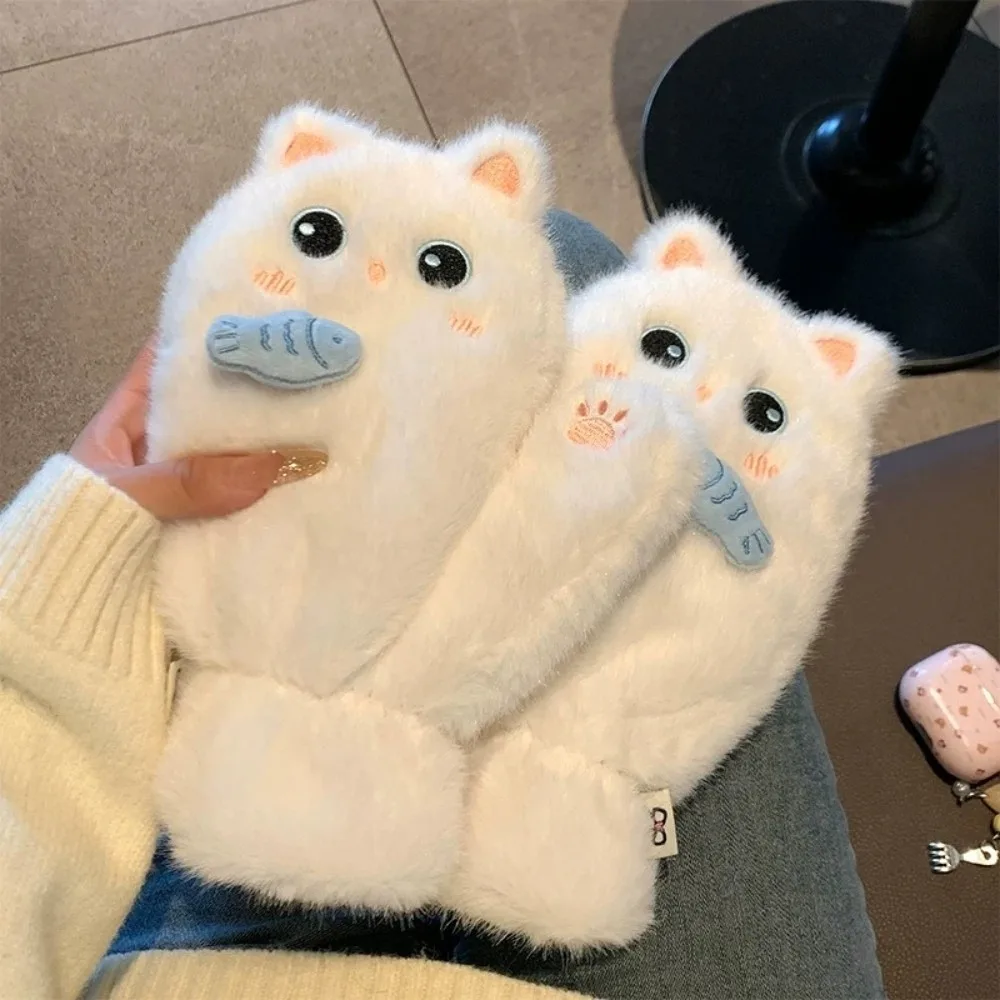 Polyester Fleece Lined Fluffy Full Cover Mitten Gloves Fish Pattern Full Coverage Thick Warm Gloves Cute Cat Gloves For Women