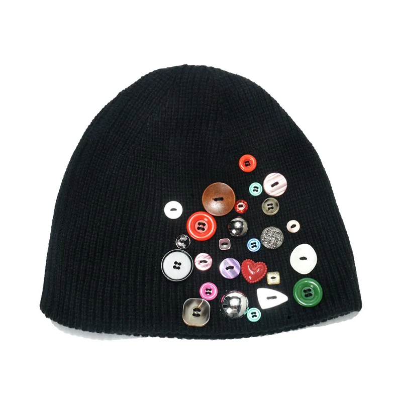 

Beanies For Woman Man Wool Acrylic Trendy Colorful Buttons Niche Fashionable knitted Hat Autumn Winter Thick Warm Berets