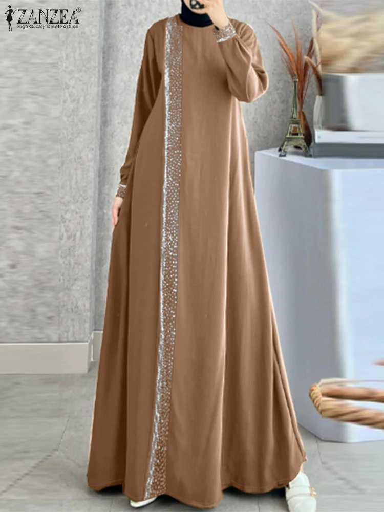 ZANZEA Autumn Women Patchwork Sundress Fashion Long Sleeve Muslim Abaya Robe Femme Dubai Maxi Dresses Polka Dots Vestidos 2024