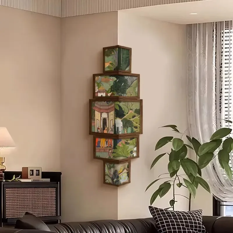 Creative Green French Retro Corner Mural Vertical Double Sided Hanging Canvas Art for Entrance Living Room Background