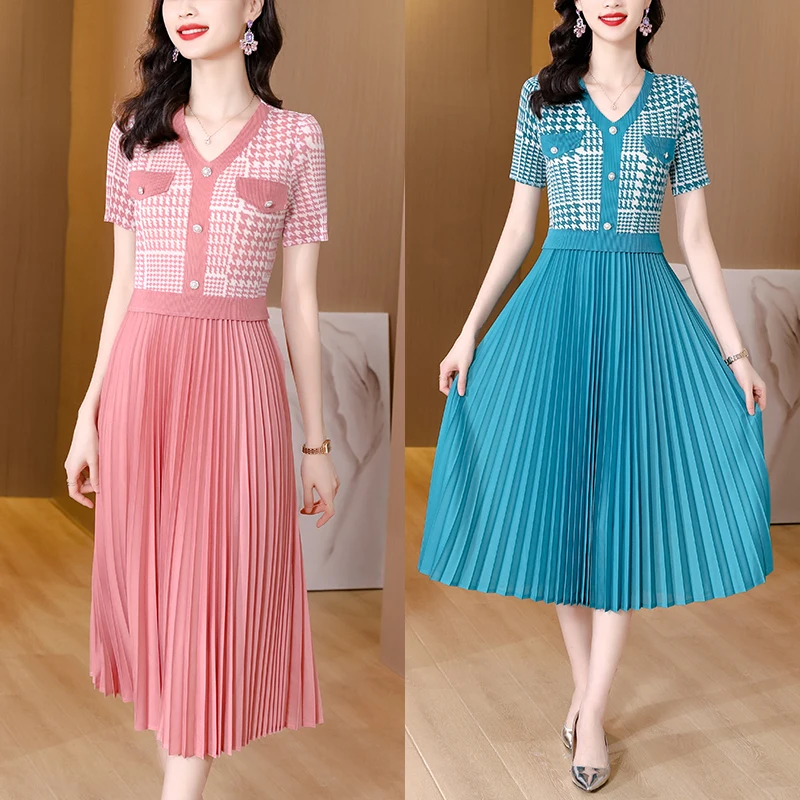 Female Blue Print Patchwork Midi Pleated Dress Summer Short Sleeve V-Neck Elegant Dress 2024 Black Korean Vintage  Dress