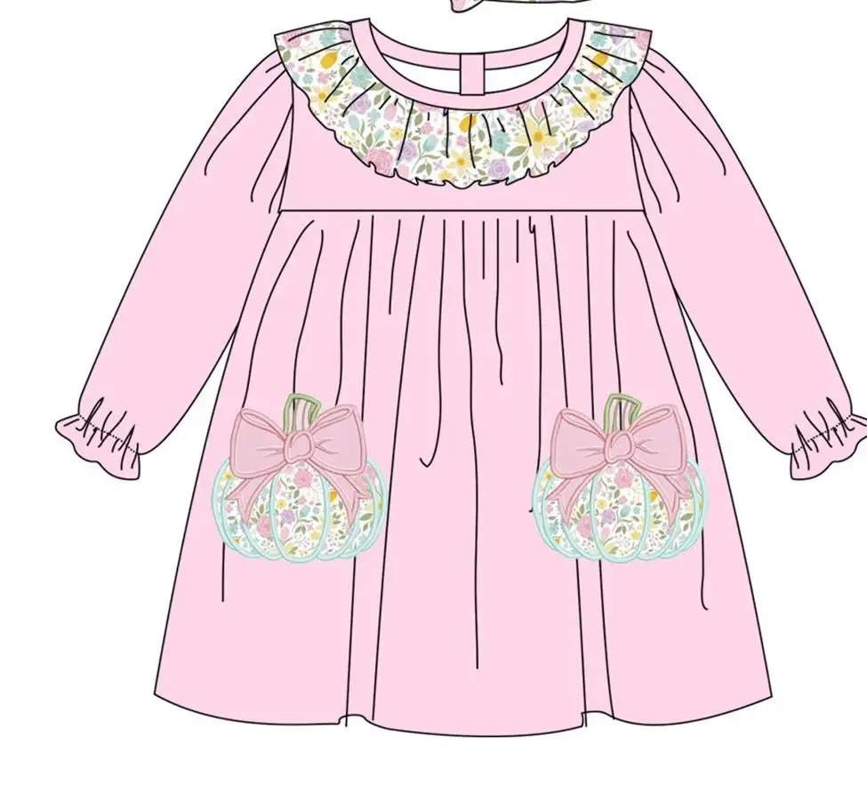 Boutique Kids Fall Winter Thanksgiving Outifts Long Sleeve Baby Girls  Pumpkin Print Floral Pink Clothing Set