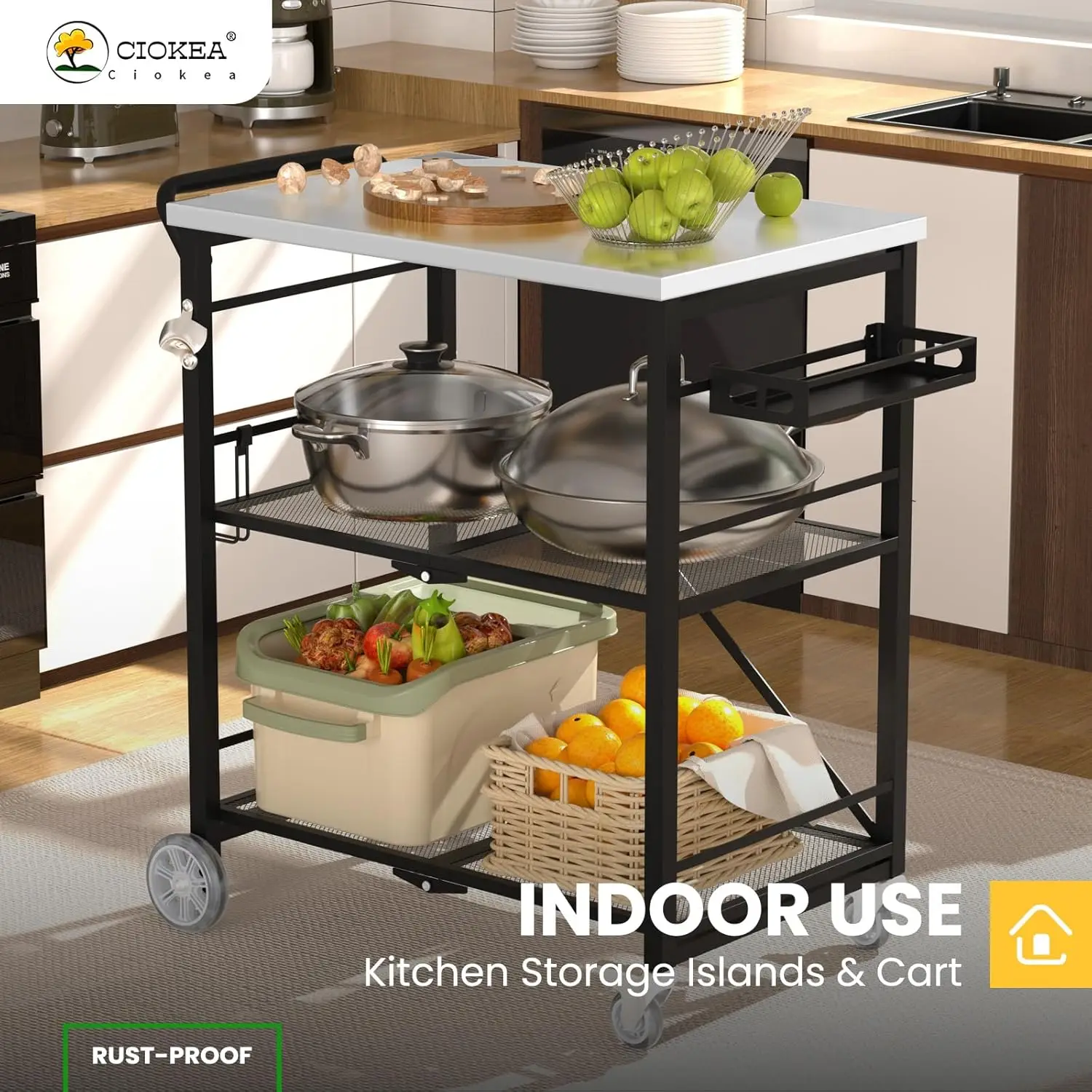 เตาอบพิซซ่าขาตั้งตาราง 2 ล้อล็อครวม,3 ชั้นวางพับKitchen Island Cart,สแตนเลสกลางแจ้งRolling Cartปัญญา