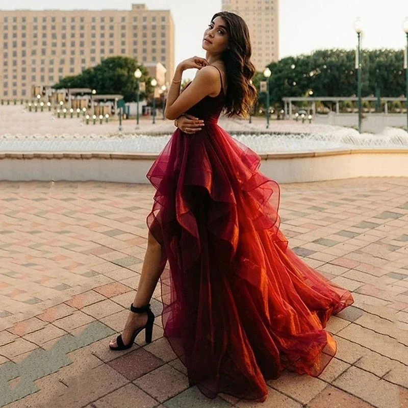 

Strap Burgundy High Low Prom Dresses Ruffle Tulle Women Formal Party Dress Popular Vestidos De Festa Evening Gowns