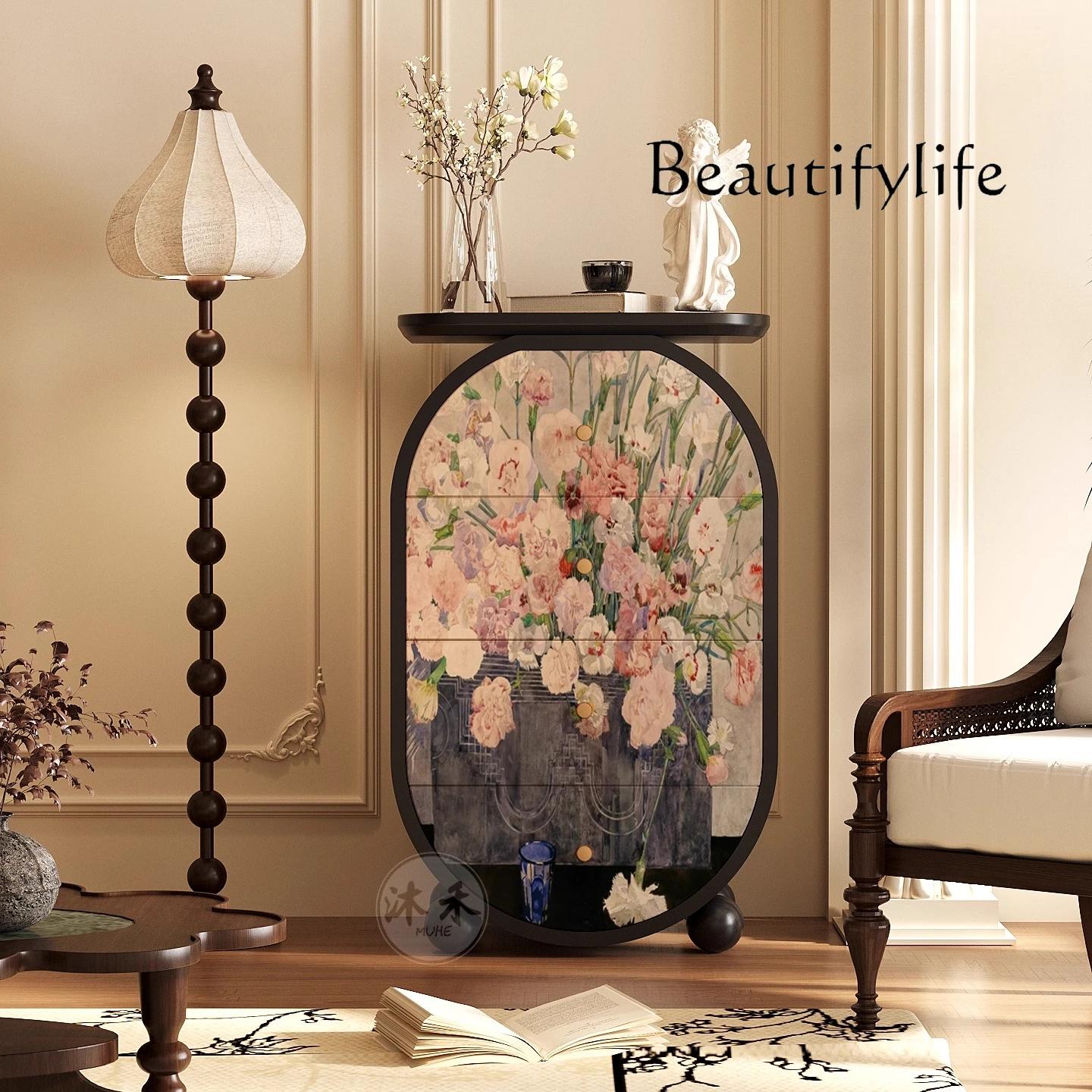 

French retro niche flowers free installation solid wood four chest cabinet bedroom living room home sofa side cabinet