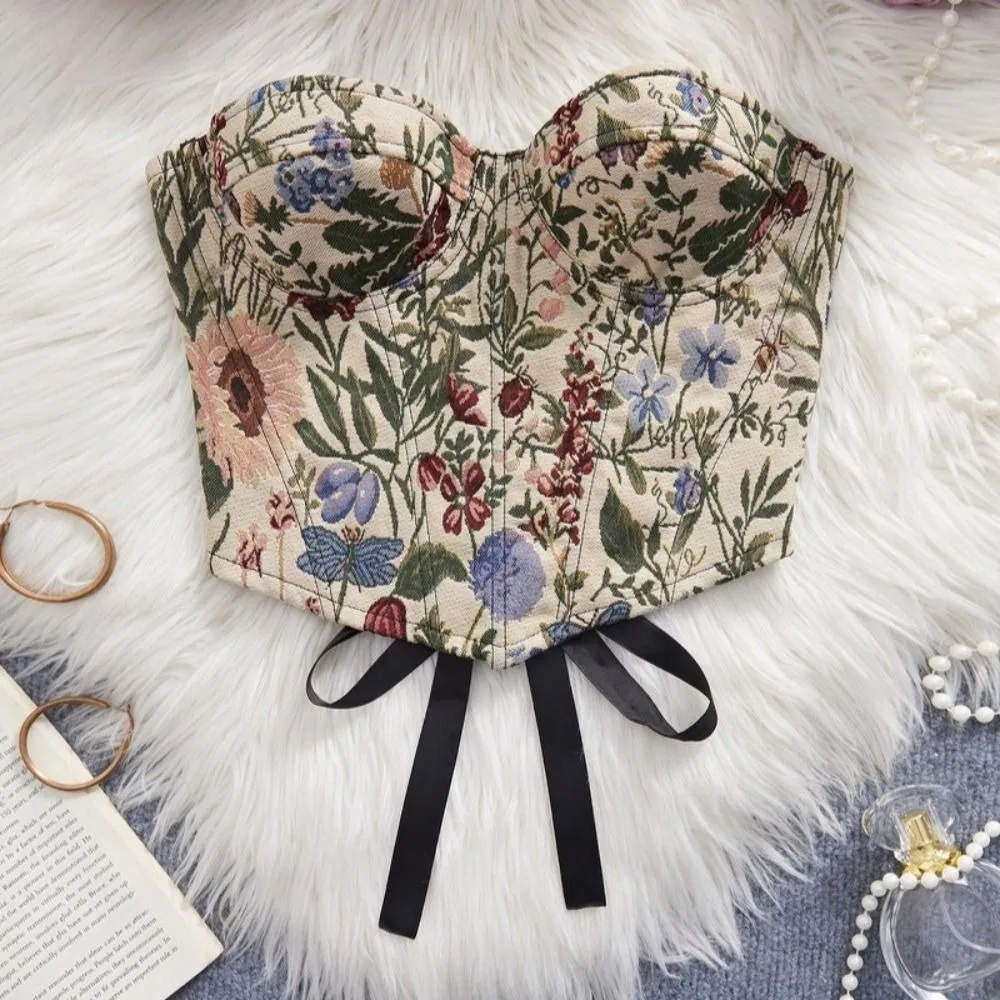 Corsetto Floreale con Ferretto e Spalle Scoperte, Modellante Addominale, Top Corsetto Jacquard Multicolore Senza Spalline da Donna