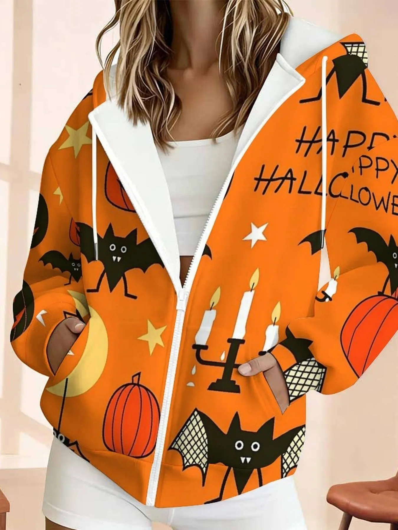 2026 autumn and winter new style women's zipper hooded sweater with 3D pumpkin pattern print casual and comfortable