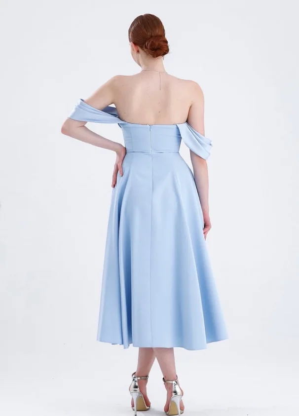 Personnalisé de haute qualité bretelles hors épaule thé longueur fermeture éclair dos nu a-ligne robes de soirée Para Casamento Convidados
