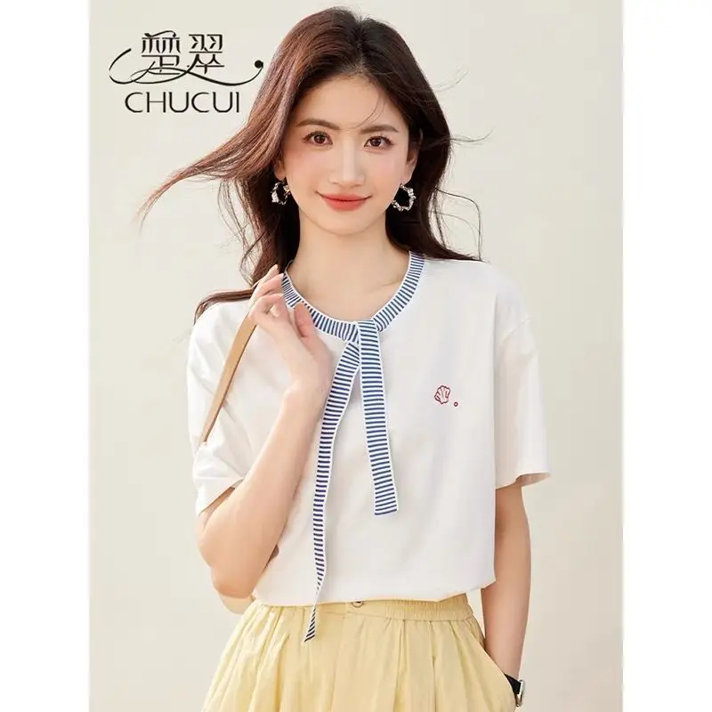 

Women Summer Contrasting Colors Patchwork Striped O-neck Short Sleeve T-Shirt Ladies Fashion Office Lady All-match Casual Tops