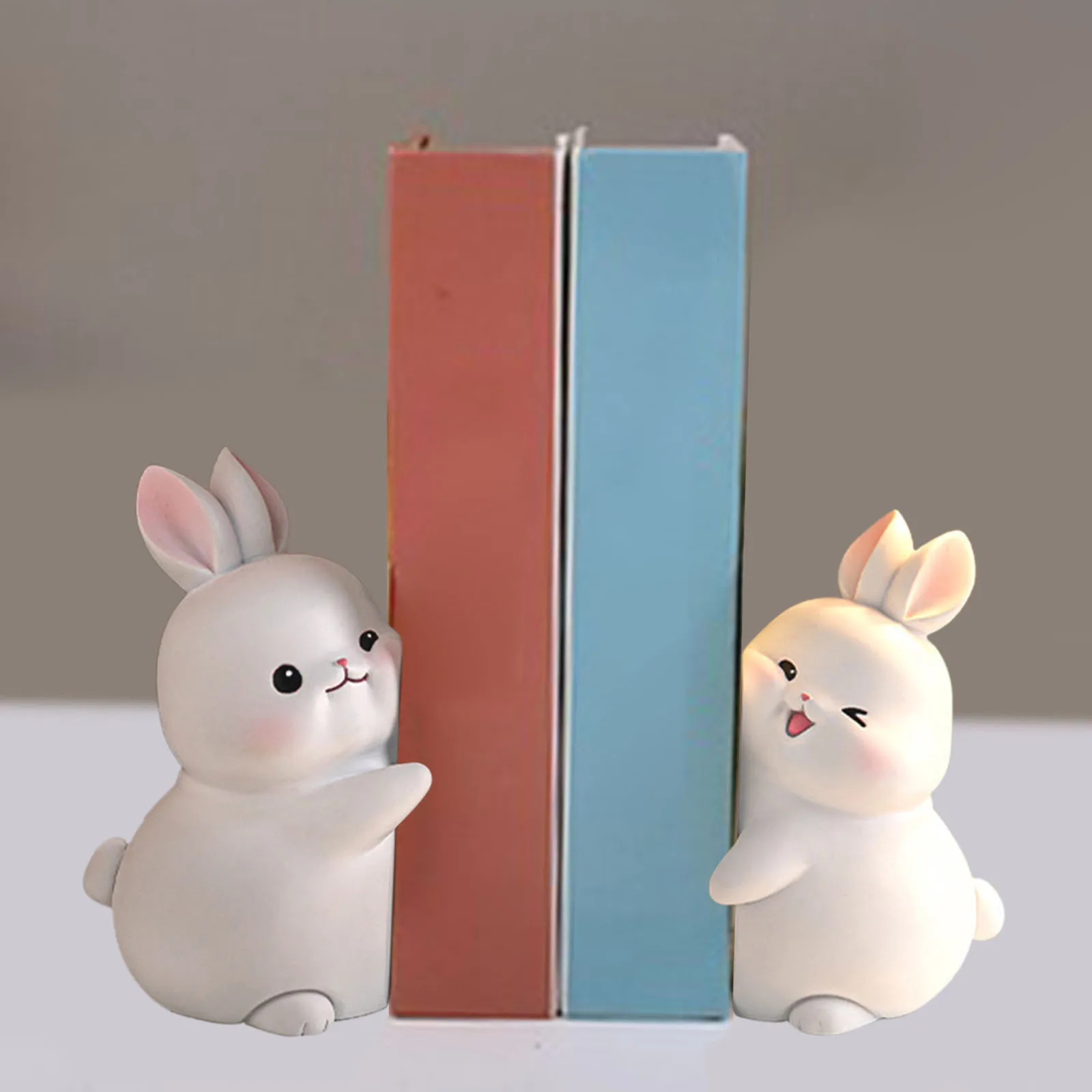 Cute Shelf Rabbit Bookends Resin Figurines Unique Book Stand Holder Organizer Display Support for Office Home Cabinet Decoration