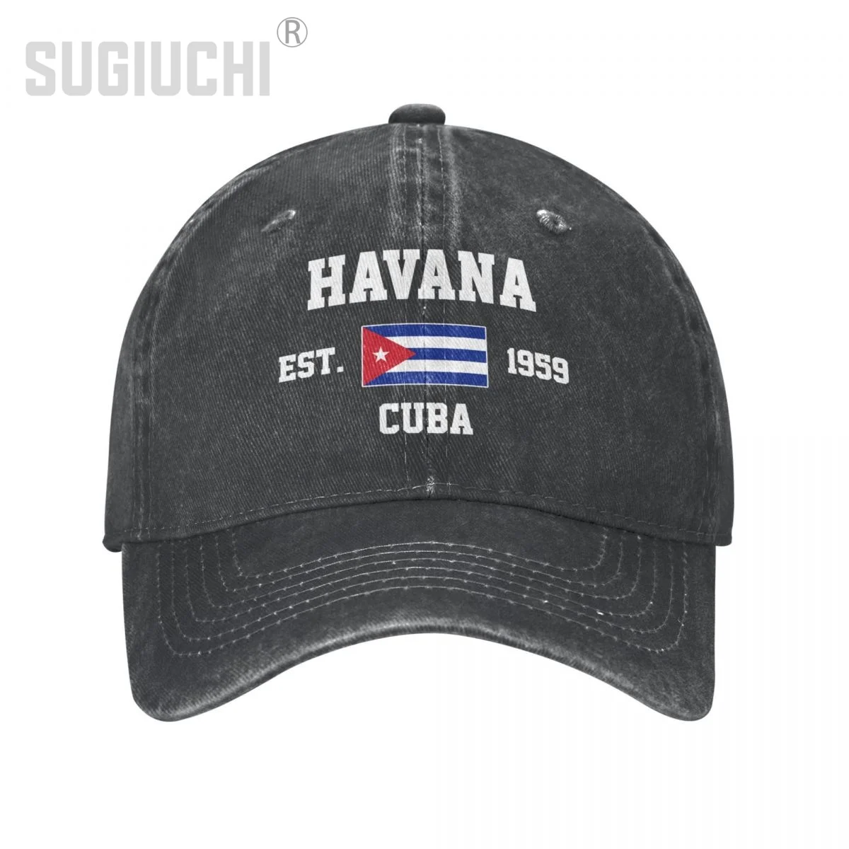 Flag of Cuba EST.1959 Havana Unisex Adult Charcoal Washed Denim Baseball Cap Men Vintage Cotton Dad Patriotic Trucker Hat