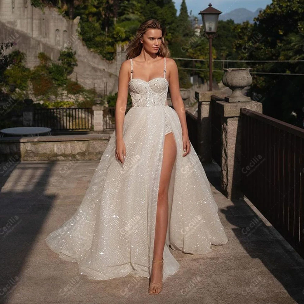 Gorgeous Wedding Dresses A-Line Tulle Tiered Sequin Appliques Spaghetti Strap Robe Sexy Pretty Vestidos De Novia 2025 Customized