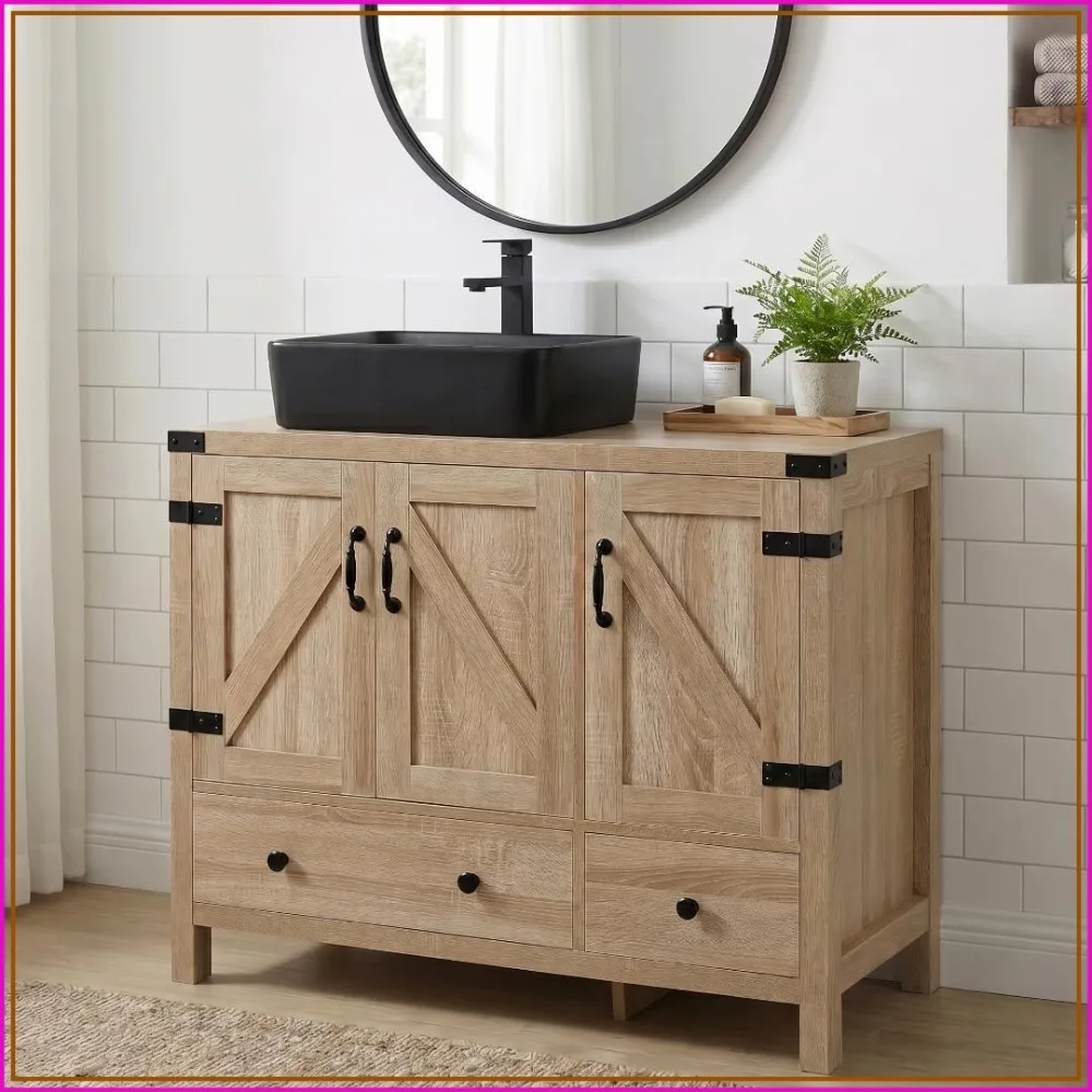 36 inch Natural Color Bathroom Vanity, Rustic Pedestal Cabinet with Square Black Ceramic Sink
