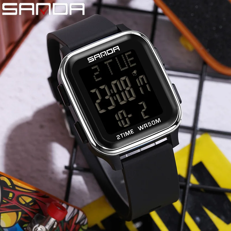 SANDA Square Electronic Watch Men Fashion Trend Multi functional Countdown Alarm Clock Single Display Men's LED Digital Watches