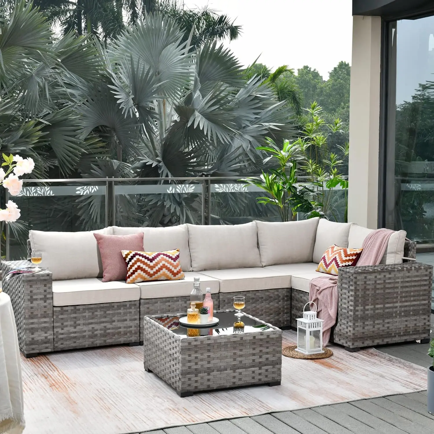 Patio Furniture Set Outdoor Sofa Set with Extra Wide Arms and Deep Cushions, Modern Modular Wicker Rattan Parlor Set