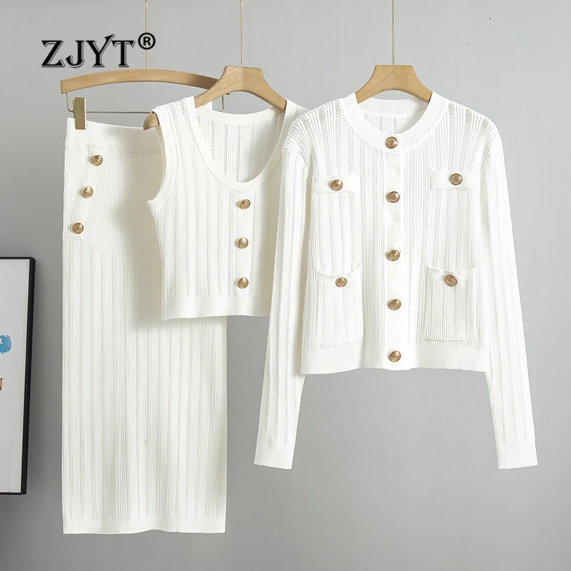 

ZJYT Autumn Winter Knitting Suit Sweater Skirt Set 3 Piece Woman Clothing Set Fashion Female Outfit Long Sleeve Knitted Top