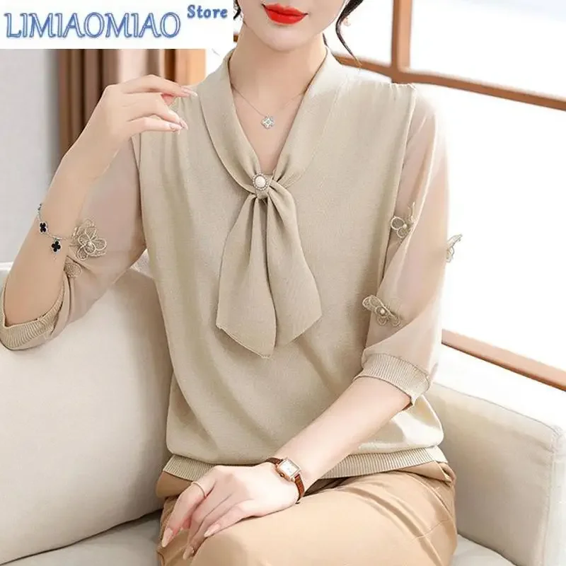 

New Autumn Fashion Strap Scarf Collar Capri Sleeves Fashion Versatile Slim and Foreign Style Reducing Age Mom's Knitted Top