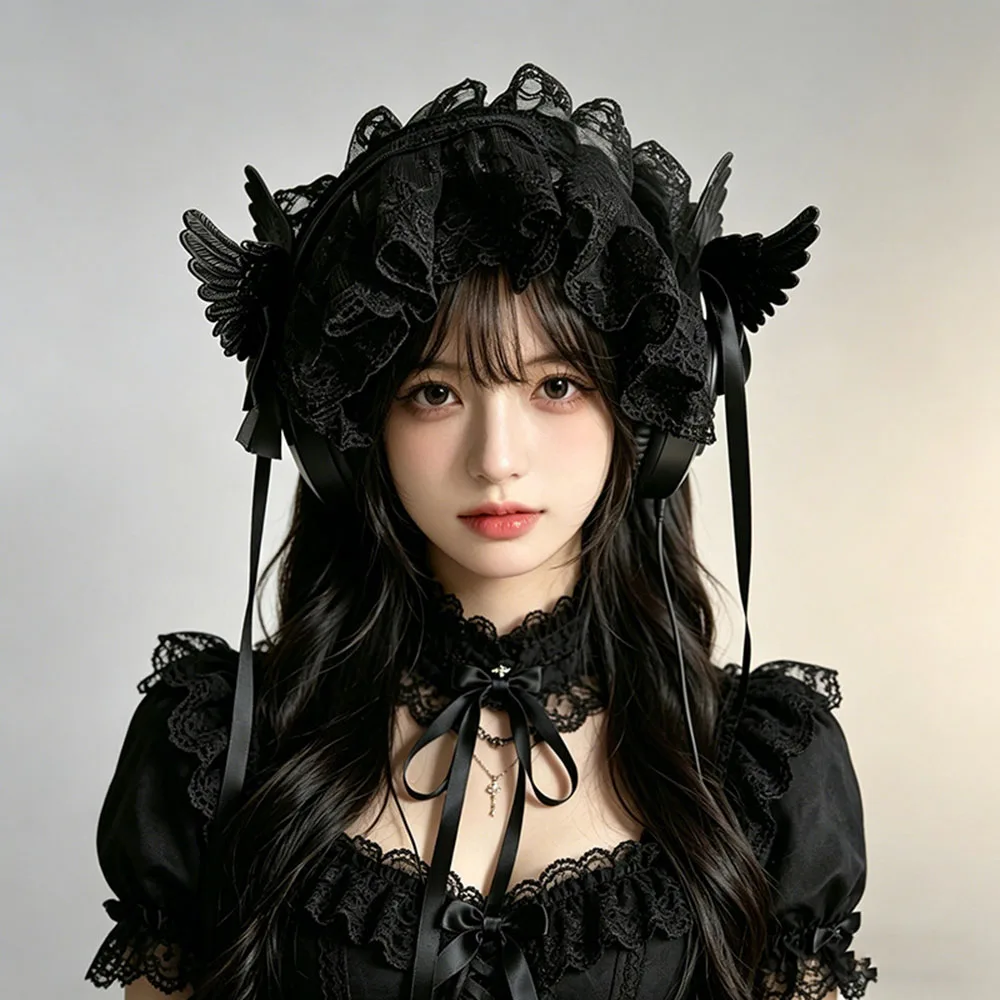

Women Y2k Girl Gothic Lolita Cosplay Harajuku Punk Hairbands Hairband Hair Hoop Black Angel Wing Lace Goth Punk Lolita Headband