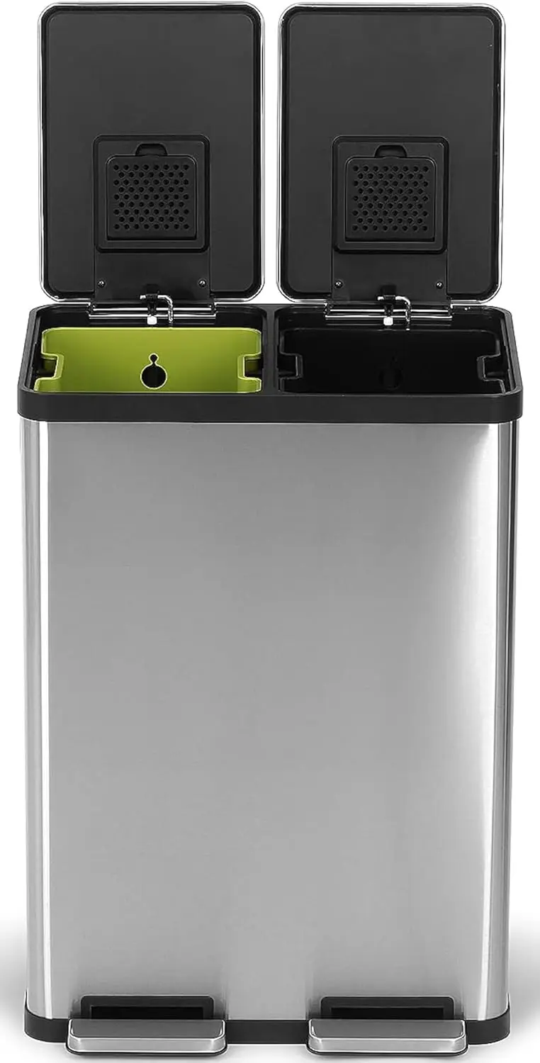 

60 L / 16 Gal Rectangular Hands-Free Dual Compartment Recycling Kitchen Step Trash Can with Soft-Close Lid,