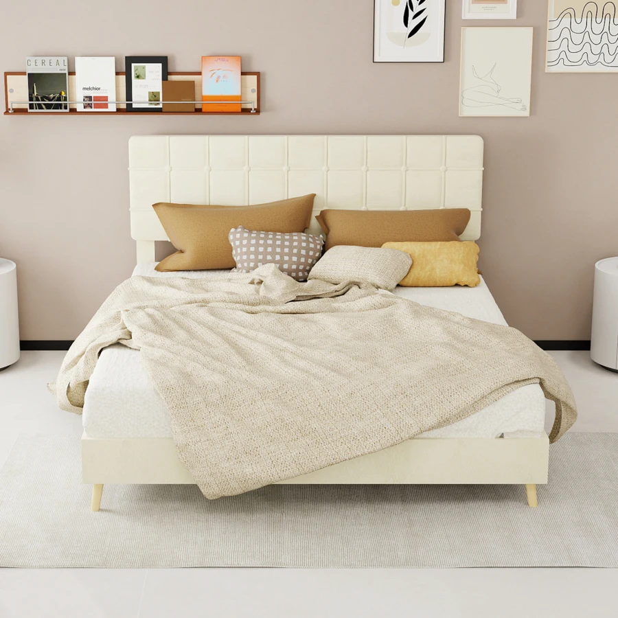 Modern Upholstered Bed Frame Premium Holland Velvet Fabric with Ergonomic Padding and Tufted Headboard Sturdy, Noise-Free Queen