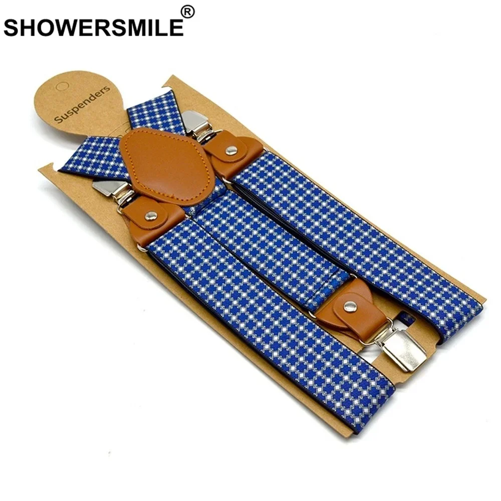 SHOWERSMILE Pantaloni da uomo Cintura Blu Plaid Bretelle da lavoro Uomo Bretelle elastiche larghe regolabili 3 Clip Cinghie 120 cm * 3,5 cm