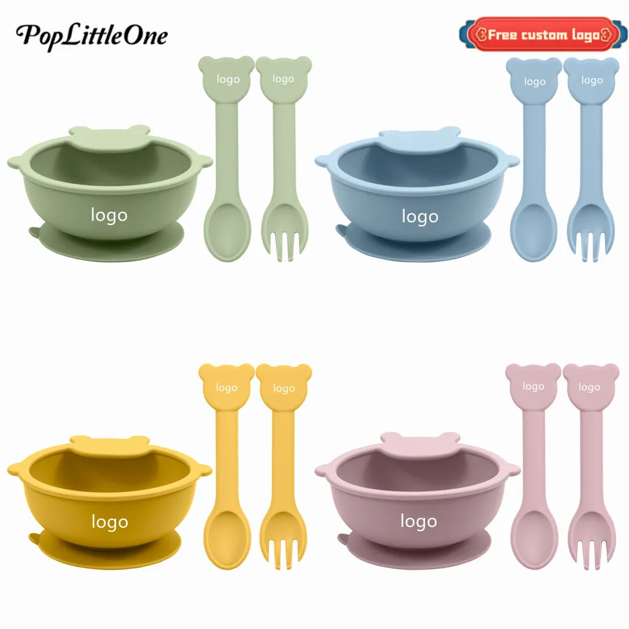 

Free Personalization Logo Baby Silicone Feeding Solid Food Bowl Fork Spoon Cartoon Animals Strong Suction Dishes Plate Tableware