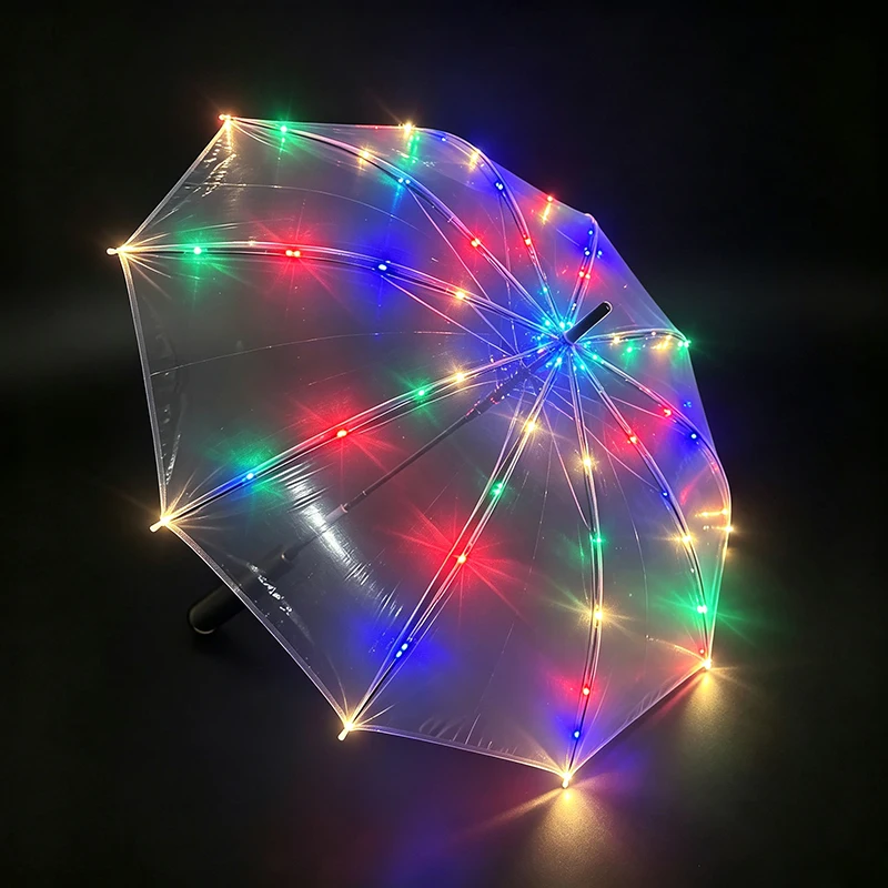Colorful LED Luminous Transparent Umbrella Glowing Clear Long Umbrella Music Festival Night Party Stage Show Photography Prop